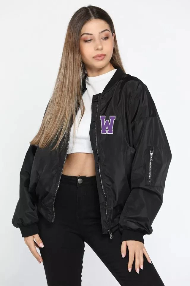 Kadın Wild One Baskılı Bomber Mont - Siyah Renk, Oversize Rahat Kalıp, Fermuarlı, Cepli, Günlük Şık Kapitone Mont - Siyah