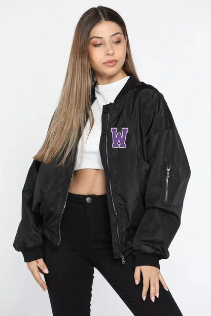 Kadın Wild One Baskılı Bomber Mont - Siyah Renk, Oversize Rahat Kalıp, Fermuarlı, Cepli, Günlük Şık Kapitone Mont - Siyah