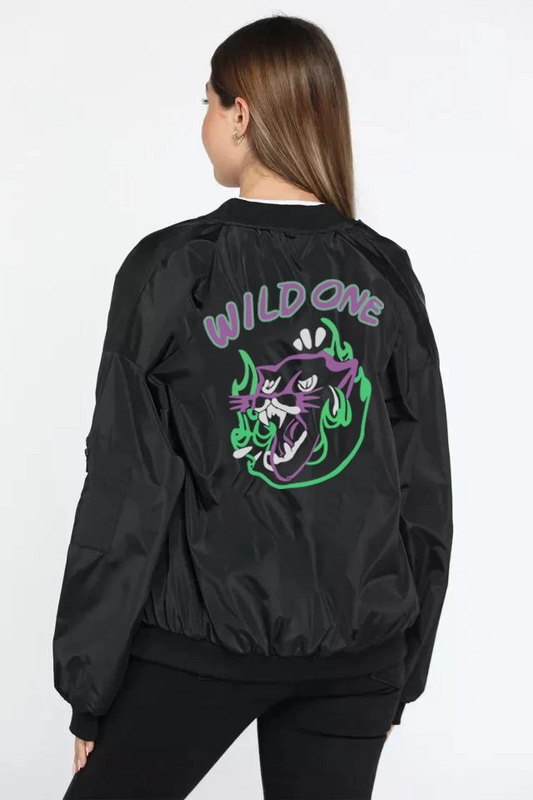 Kadın Wild One Baskılı Bomber Mont - Siyah Renk, Oversize Rahat Kalıp, Fermuarlı, Cepli, Günlük Şık Kapitone Mont - Siyah