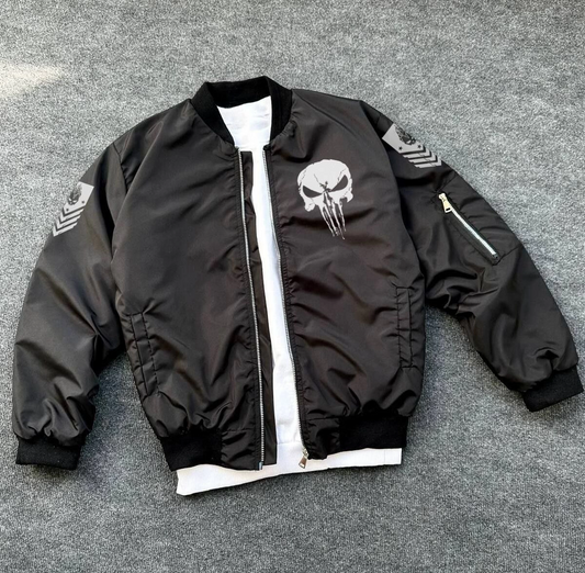 Black Military Style Bomber Jacket - Unisex, Punisher Skull Detail, Zippered, Pockets, Long Sleeved, Suitable for Spring and Winter Casual Fashion - Black