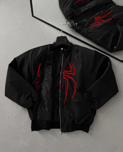 Örümcek Desenli Siyah Bomber Mont - Unisex Kullanıma Uygun, Fermuarlı Cepli, Kapitone Astarlı, Bahar Kış Günlük Giyim İçin Moda Ceket Modeli - Siyah