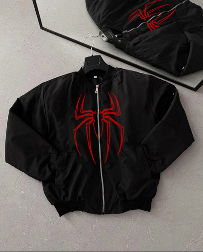 Örümcek Desenli Siyah Bomber Mont - Unisex Kullanıma Uygun, Fermuarlı Cepli, Kapitone Astarlı, Bahar Kış Günlük Giyim İçin Moda Ceket Modeli - Siyah
