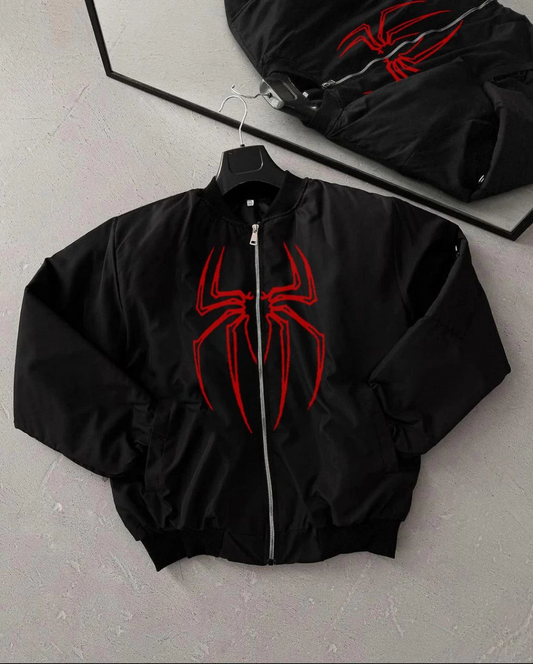 Örümcek Desenli Siyah Bomber Mont - Unisex Kullanıma Uygun, Fermuarlı Cepli, Kapitone Astarlı, Bahar Kış Günlük Giyim İçin Moda Ceket Modeli - Siyah