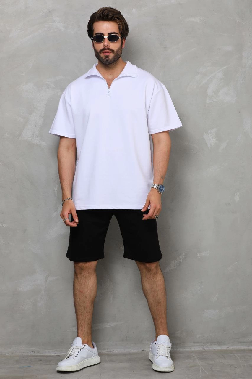 Unisex Yarım Fermuarlı Düz Oversize T-shirt - Beyaz