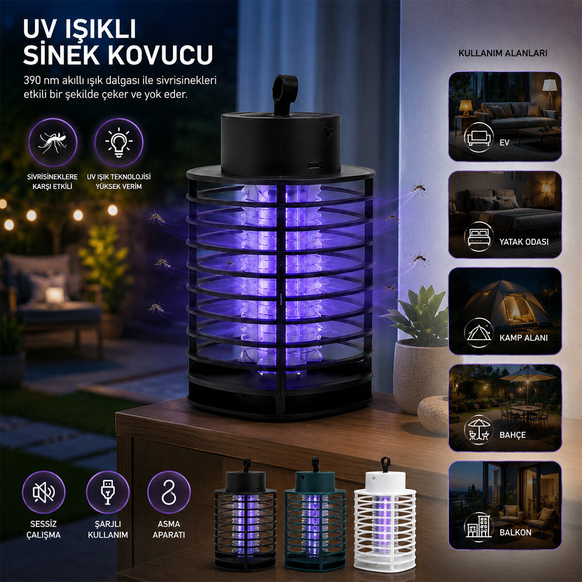 USB ŞARJLI - 2 RENK IŞIK ASMA APARAT - SESSİZ ÇALIŞMA UV IŞIKLI SİNEK KOVUCU HS-373 (5347)