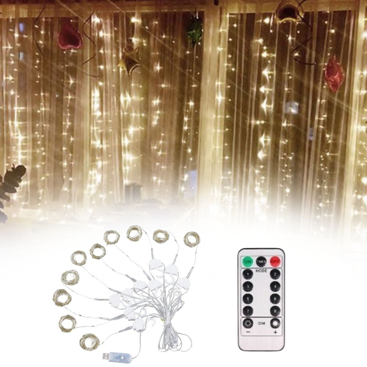 Remote Control LED Curtain Hook Light USB 3x3 Meter Fairy Curtain LED (5347)
