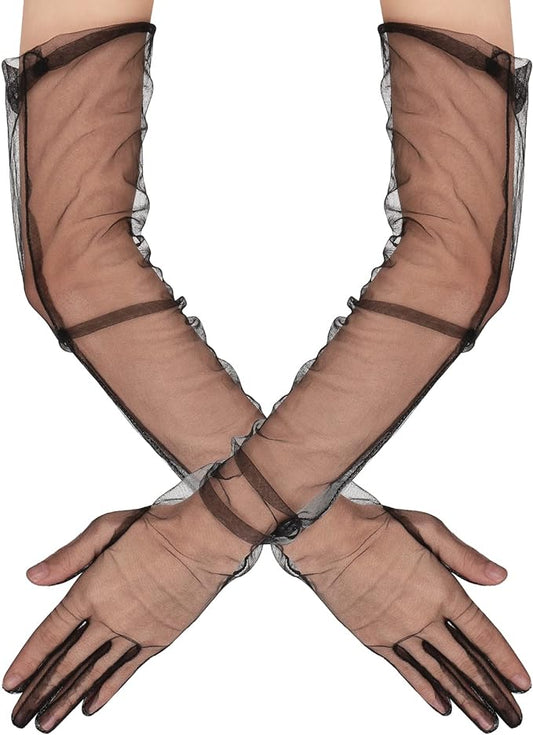 Uzun Boy Likralı Siyah Renk Yetişkin Mega Tül Eldiven 53 cm (5347)