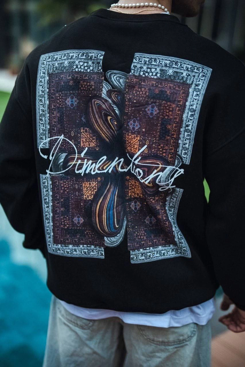 Long Sleeve Crew Neck Front and Back Printed Sweatshirt - Black