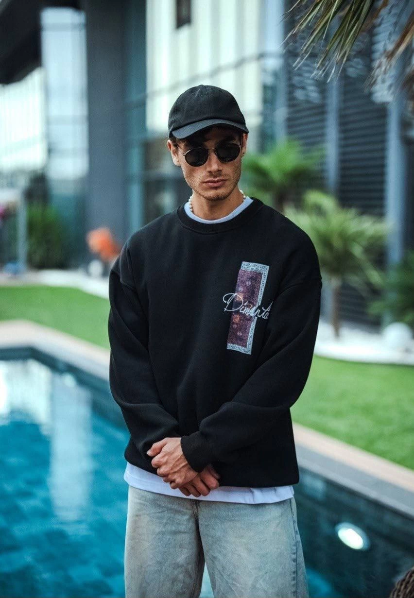 Long Sleeve Crew Neck Front and Back Printed Sweatshirt - Black