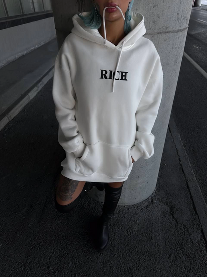 Long Sleeve Hooded Chest Print Sweatshirt - White