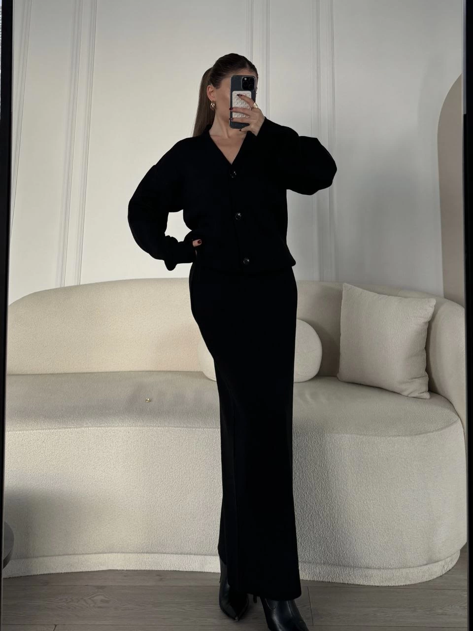 V-Neck 3-Button Cardigan Set with Knitted Skirt - Black