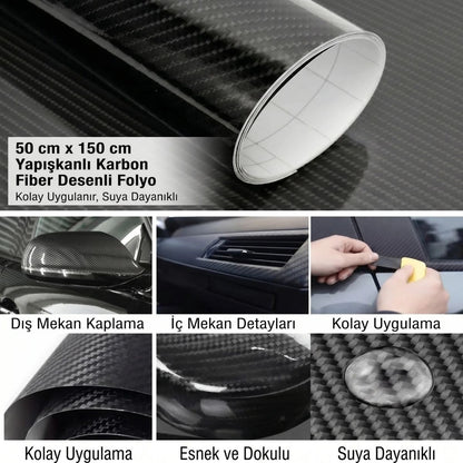 Yapışkanlı Karbon Fiber Folyo 30 Cm x 150 Cm - Araç,Konsol,Torpido,Ayna,Kapı ve Dış Yüzey Kaplama Filmi (5347)