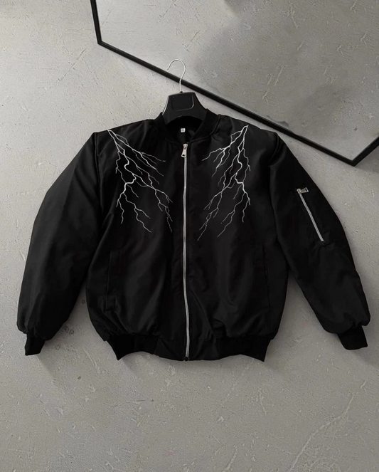 Unisex Siyah Bomber Mont - Beyaz Şimşek Desenli, Fermuarlı Cepli, Kapitone Astarlı Sokak Stili Günlük Ceket - Siyah