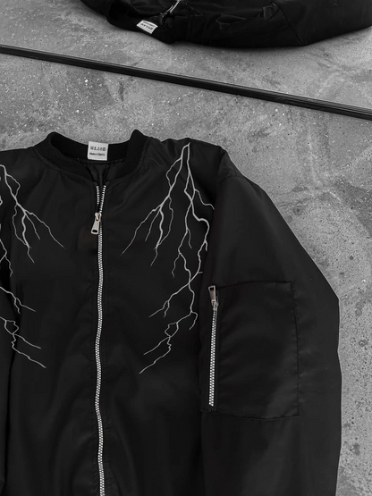 Unisex Siyah Bomber Mont - Beyaz Şimşek Desenli, Fermuarlı Cepli, Kapitone Astarlı Sokak Stili Günlük Ceket - Siyah