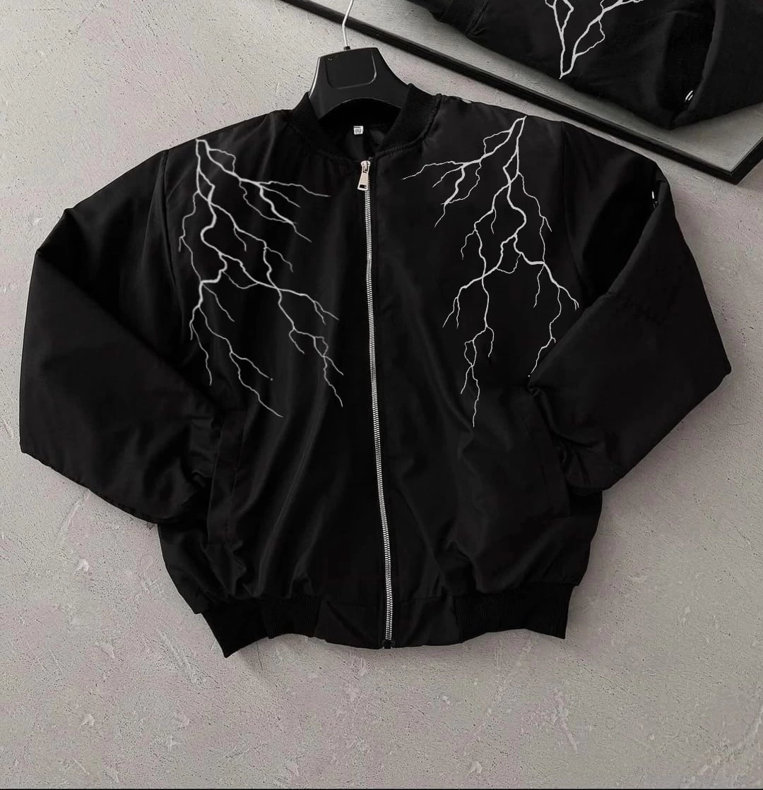 Unisex Siyah Bomber Mont - Beyaz Şimşek Desenli, Fermuarlı Cepli, Kapitone Astarlı Sokak Stili Günlük Ceket - Siyah