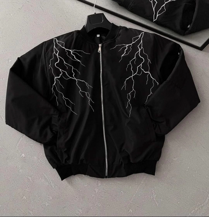 Unisex Siyah Bomber Mont - Beyaz Şimşek Desenli, Fermuarlı Cepli, Kapitone Astarlı Sokak Stili Günlük Ceket - Siyah