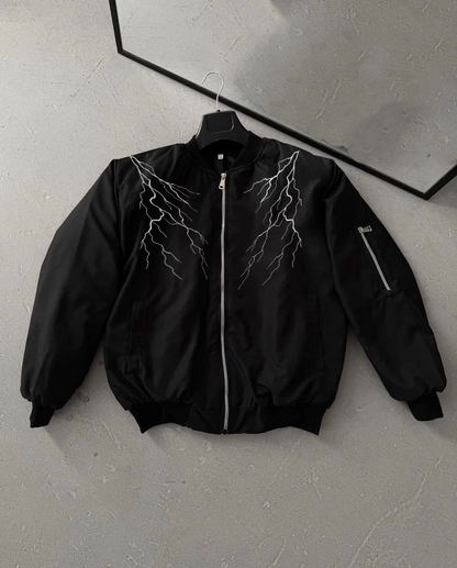 Unisex Siyah Bomber Mont - Beyaz Şimşek Desenli, Fermuarlı Cepli, Kapitone Astarlı Sokak Stili Günlük Ceket - Siyah