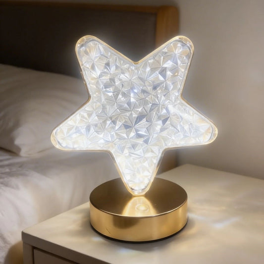 Yıldız Model Kristal LED Masa Lambası - Dokunmatik, 3 Renk Işık Modlu, Şarjlı Mini Dekoratif Gece Lambası (5347)