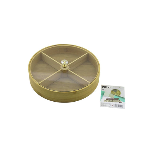 YUVARLAK 4 BÖLMELİ=2IN1=BÖLMESİZ ÇOK AMAÇLI KUTU AHŞAP BAMBU SERVİS SUNUM TEPSİ - TAHTASI 22CM (5347)