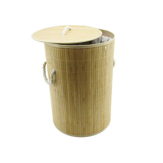 YUVARLAK BAMBU AHŞAP KİRLİ ÇAMAŞIR SEPETİ 35X60CM SEYYAR KAPAKLI İÇİ BEZLİ İP KULPLU (5347)