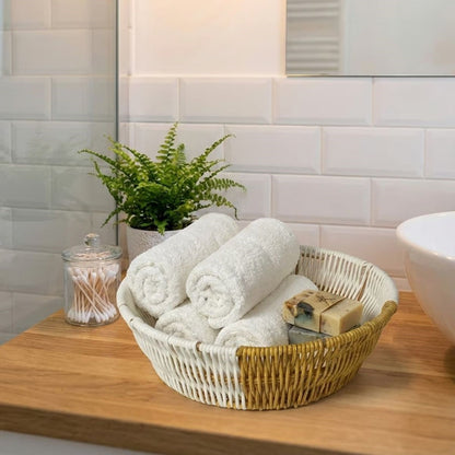 Yuvarlak Çift Renkli Plastik Rattan Ekmek ve Meyve Sepeti - Çok Amaçlı Banyo ve Mutfak Düzenleyici - Yıkanabilir Tezgâh Üstü Organizer (5347)