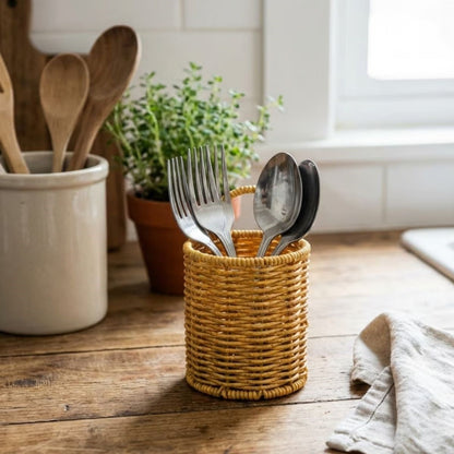 Yuvarlak Hasır Dokulu Plastik Rattan Kaşıklık & Çatallık - Askılı Kendiliğinden Tutmalı Çok Amaçlı Mutfak Organizeri (5347)