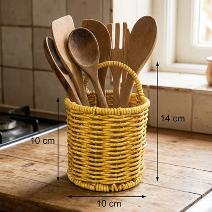 Yuvarlak Hasır Dokulu Plastik Rattan Kaşıklık & Çatallık - Askılı Kendiliğinden Tutmalı Çok Amaçlı Mutfak Organizeri (5347)
